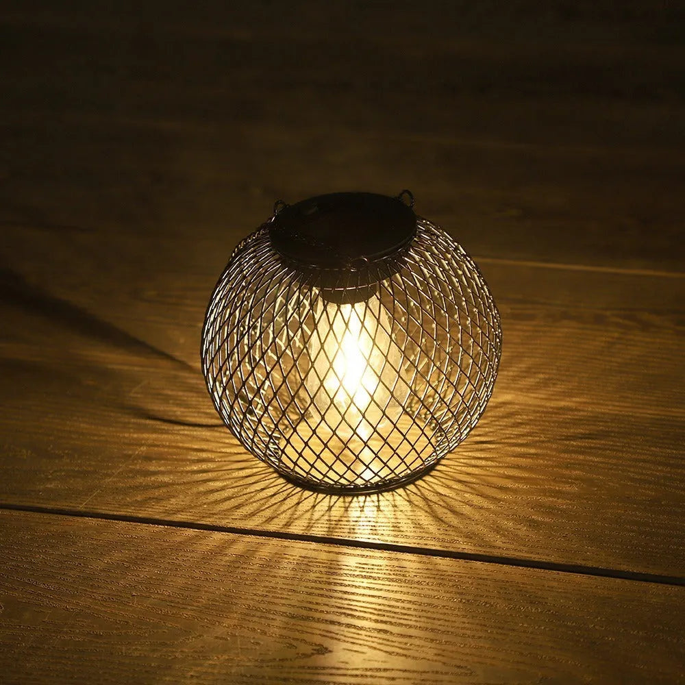 Outdoor garden courtyard hollow-out iron lantern lamp with super bright light, cylindrical or round flat iron design