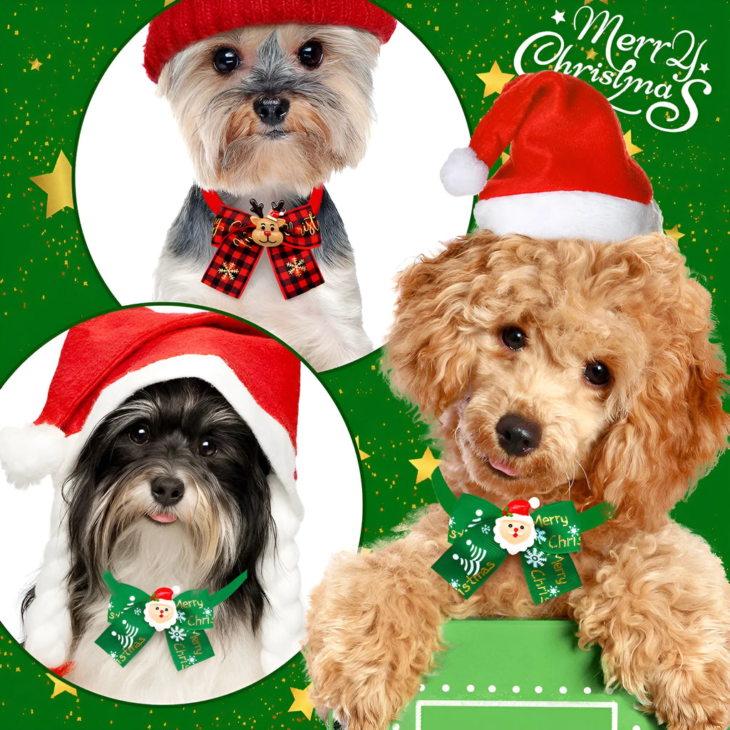 Red and green British style polyester bow tie accessory with elastic band for pet, doll or Christmas tree.