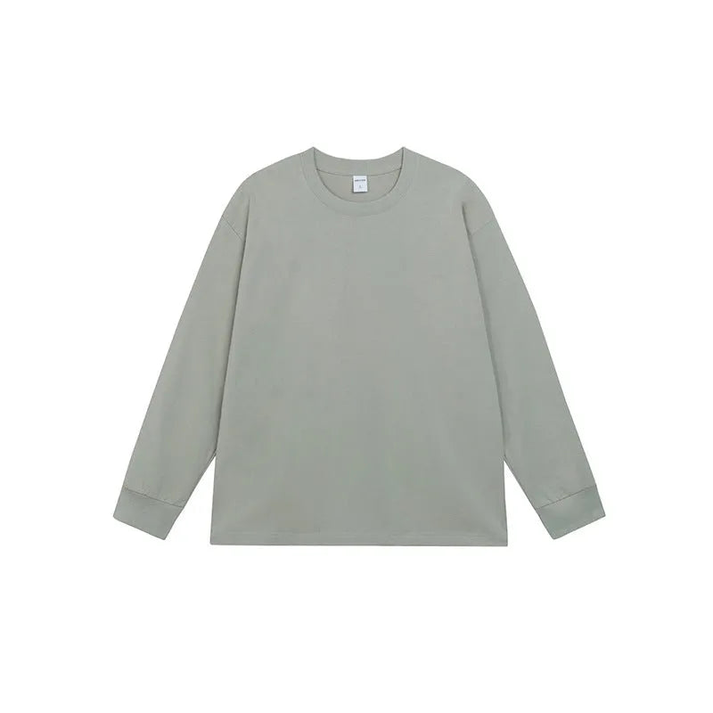 Men's loose fit solid colour cotton long-sleeved T-shirt on a hanger.