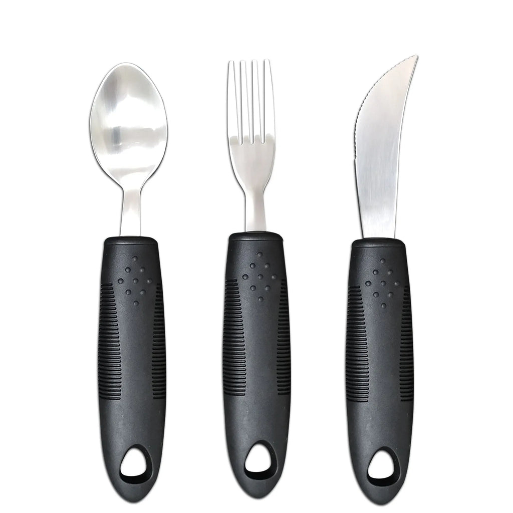 Stainless steel adaptive cutlery set with rubber handles for elderly or disabled users