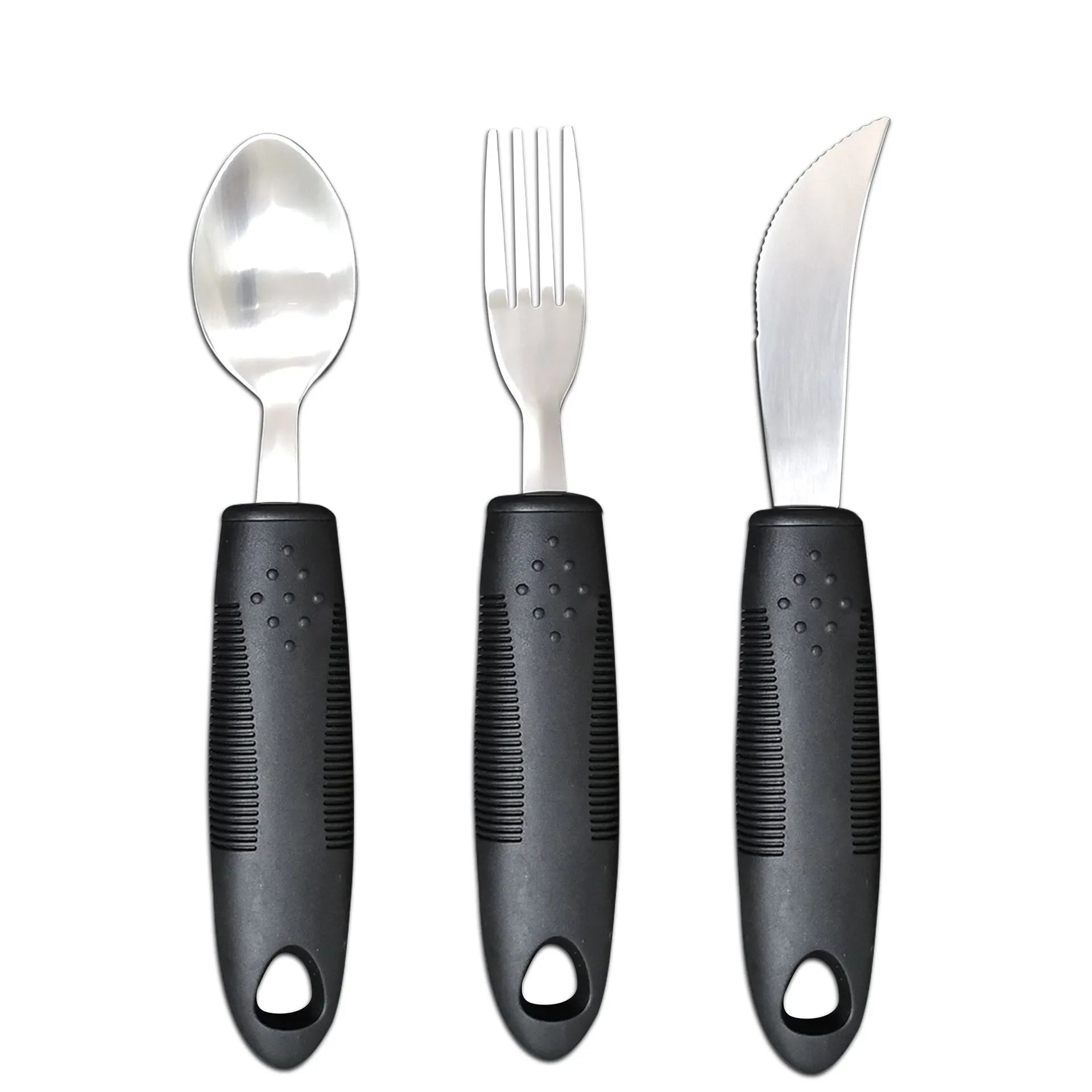 Stainless steel adaptive cutlery set with rubber handles for elderly or disabled users