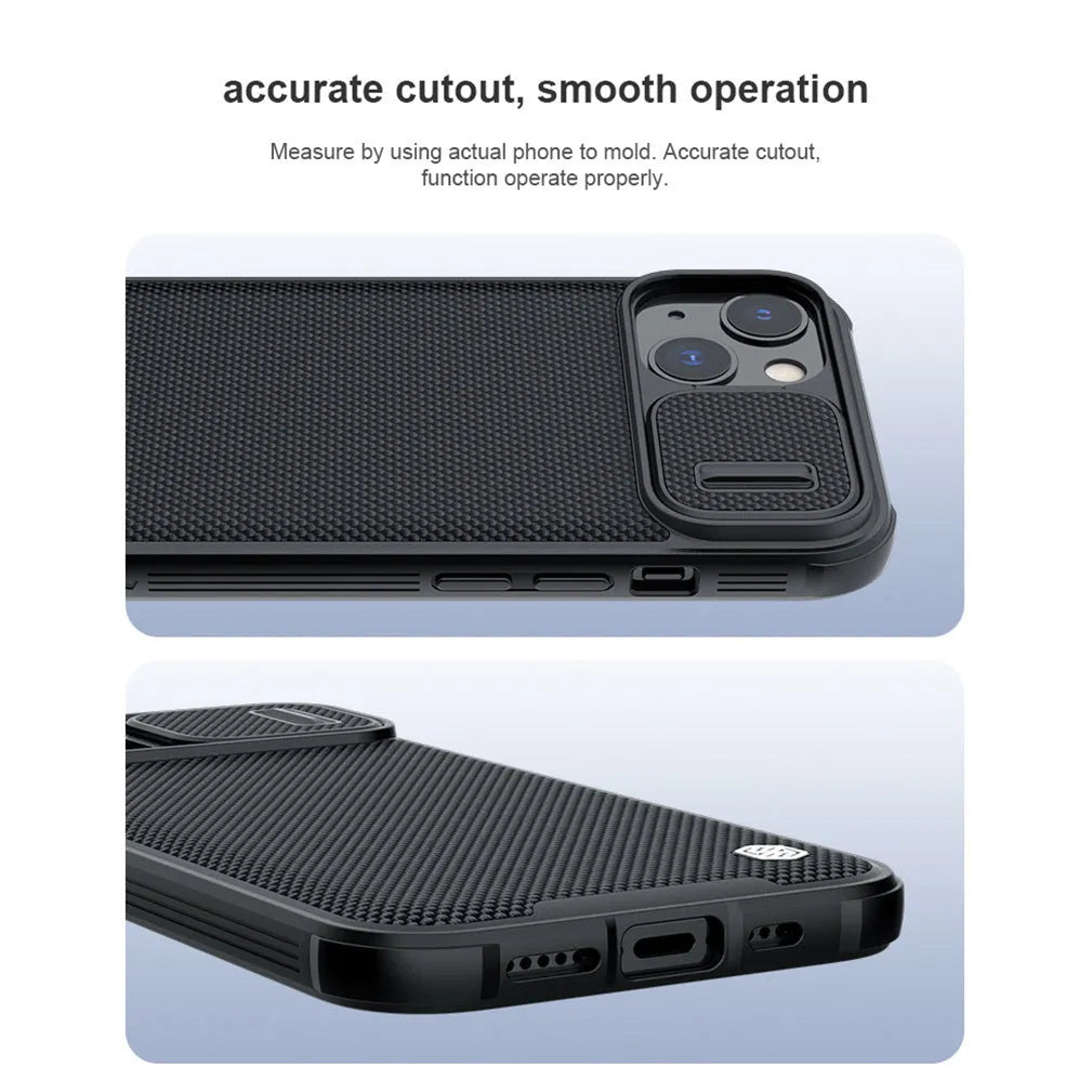 Black textured sliding back cover phone case for iPhone 13 Pro Max made from PC and TPU.