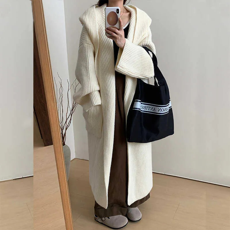 Women's loose hooded acrylic cardigan coat with raglan sleeves in milky white colour
