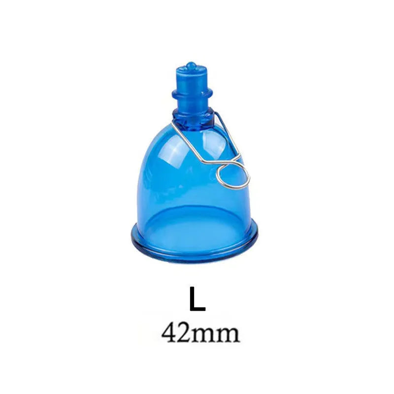 Blue silicone physical stretch exerciser cup for men, shown in small, medium, and large sizes.
