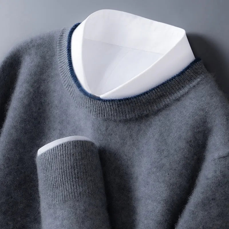 Men's loose-fit woolen pullover in dark grey, pullover style, standard wool yarn, conventional sleeves