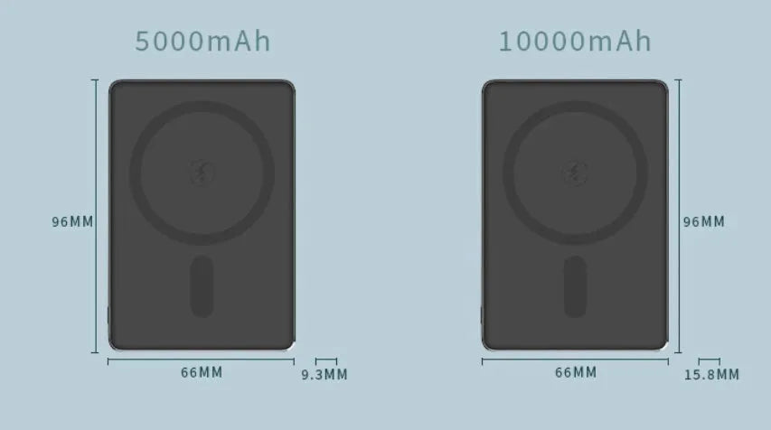 Ultra-thin aluminium alloy magnetic power bank in four colours showing 20W fast charging and wireless charging functions.