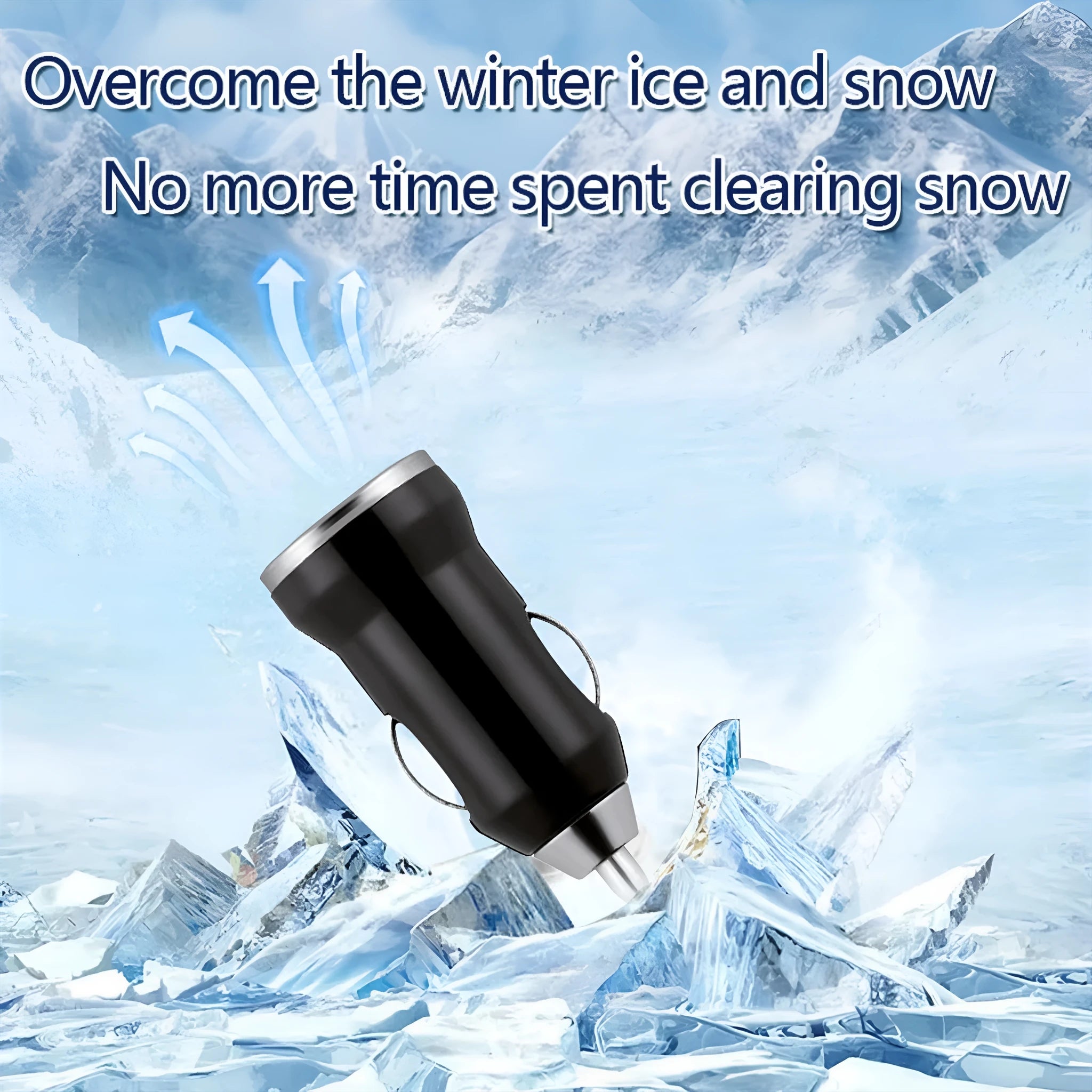 Compact black car deicer and portable charger with built-in shovel handle for windscreen scraping