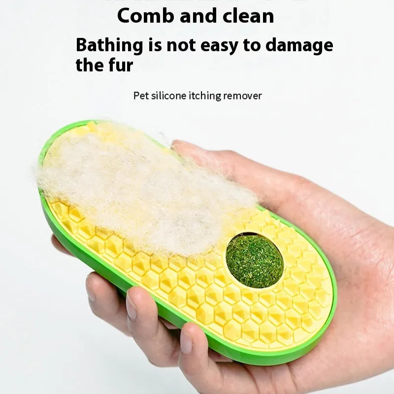 Cat self-service scratching toy in 14x6.5cm ABS TPE material, shown in yellow