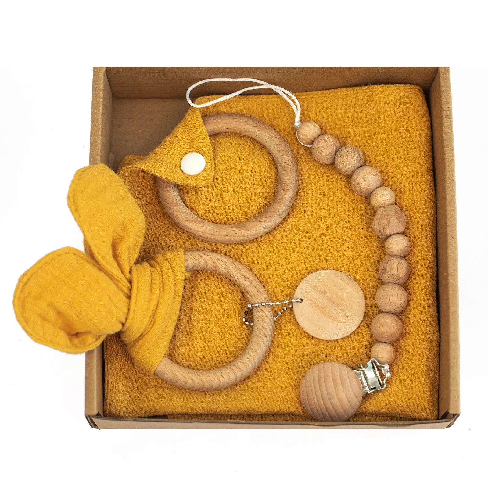 Baby teething toy gift set with bamboo cotton blanket and natural beech wood components