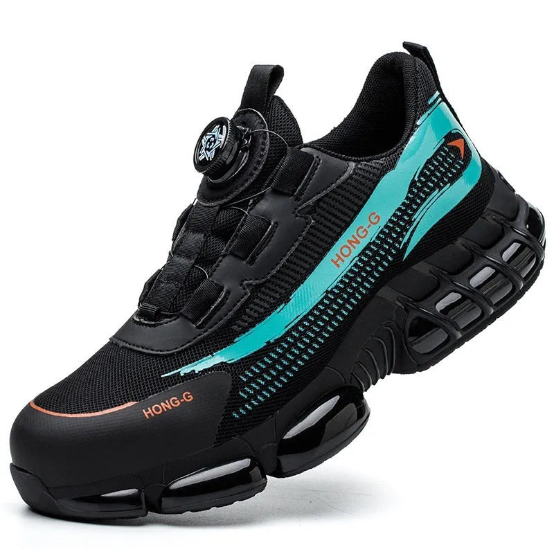 Men's lightweight black safety work shoes with steel toe cap and lace-up front.