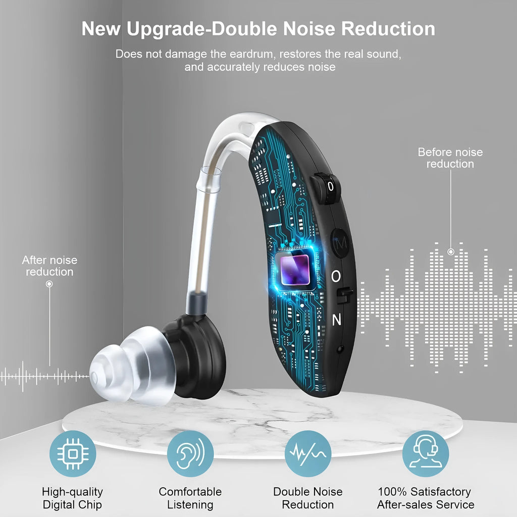 Black behind-the-ear hearing aid with noise reduction, USB rechargeable, 60W power