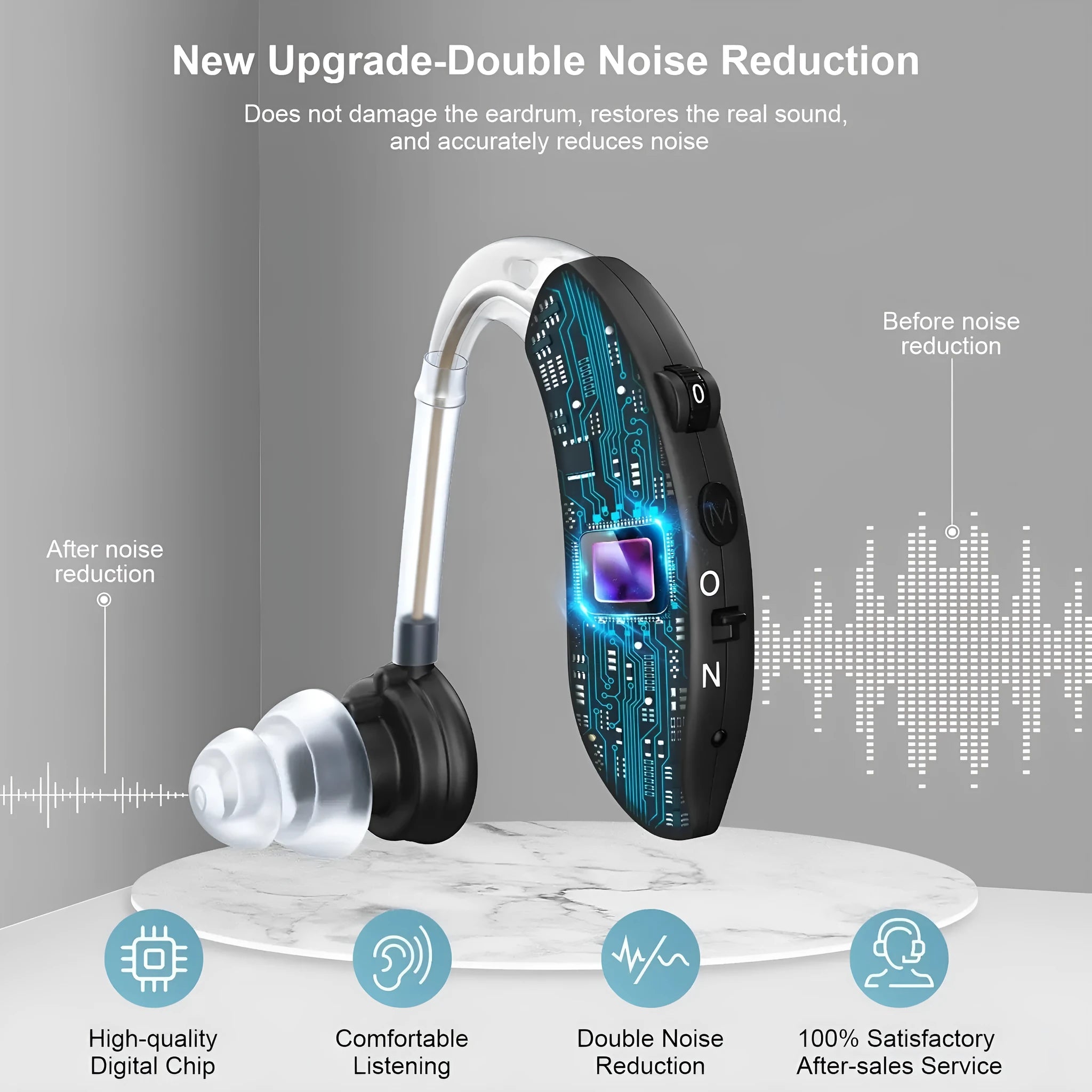 Black behind-the-ear hearing aid with noise reduction, USB rechargeable, 60W power