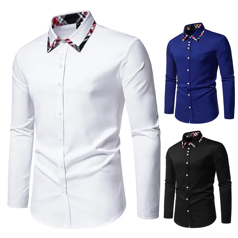 Men's blue plaid long sleeve shirt with a triangle collar and button front.