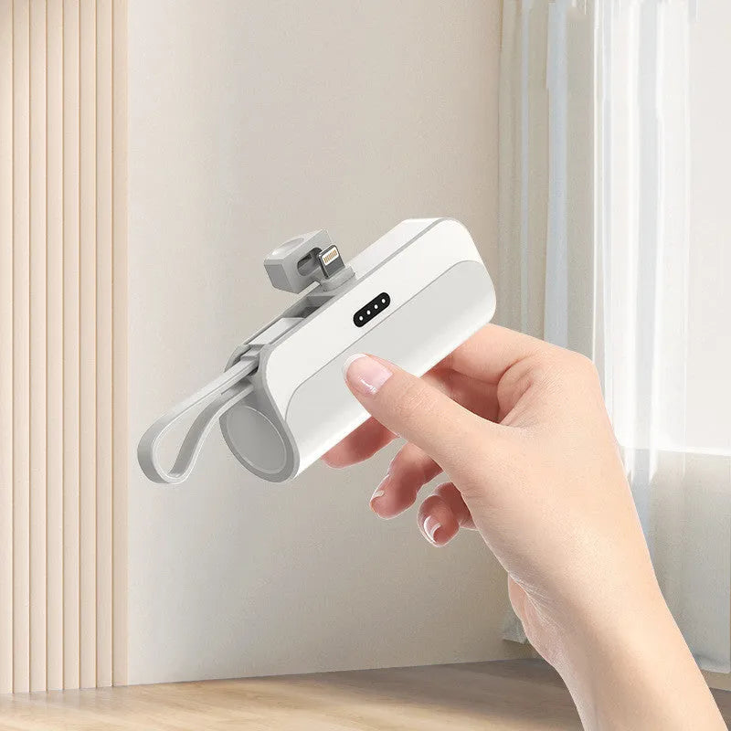 Capsule 20W 5000mAh mini power bank with folding bracket and built-in Type-C and Lightning cables in grey