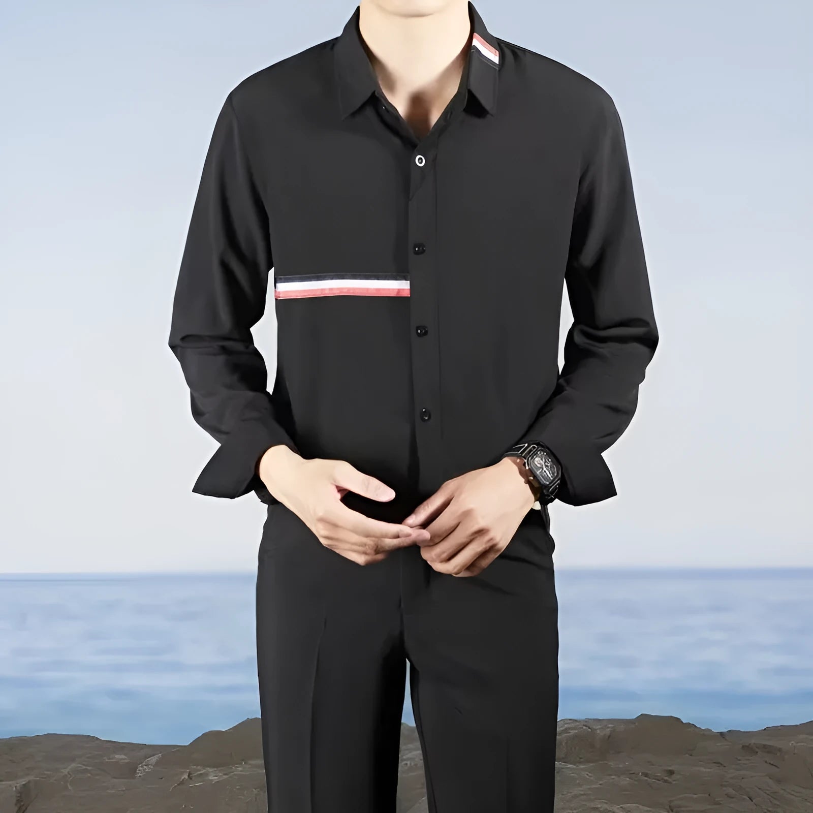 Hong Kong style loose fit cardigan shirt in cotton blend fabric