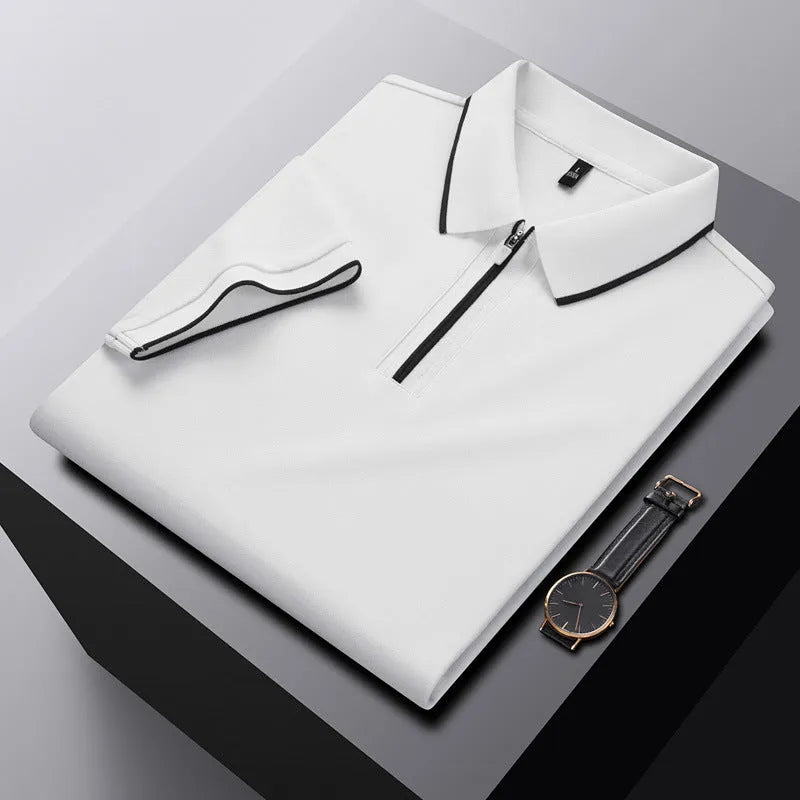 Men's solid colour polo shirt with a zipper front closure, shown in beige apricot.