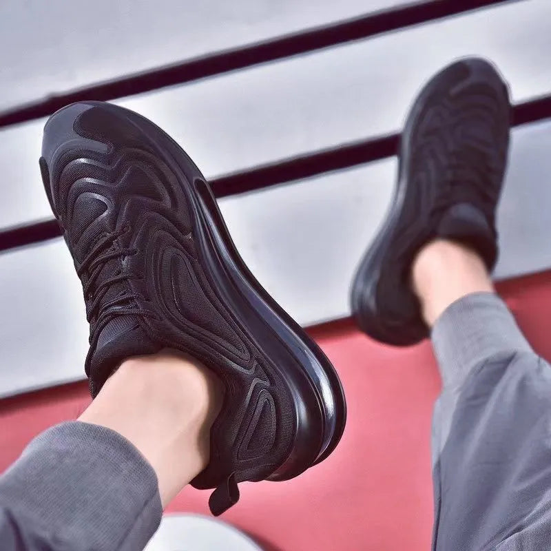 Men's black casual sports shoes with air cushion sole and lace-up design