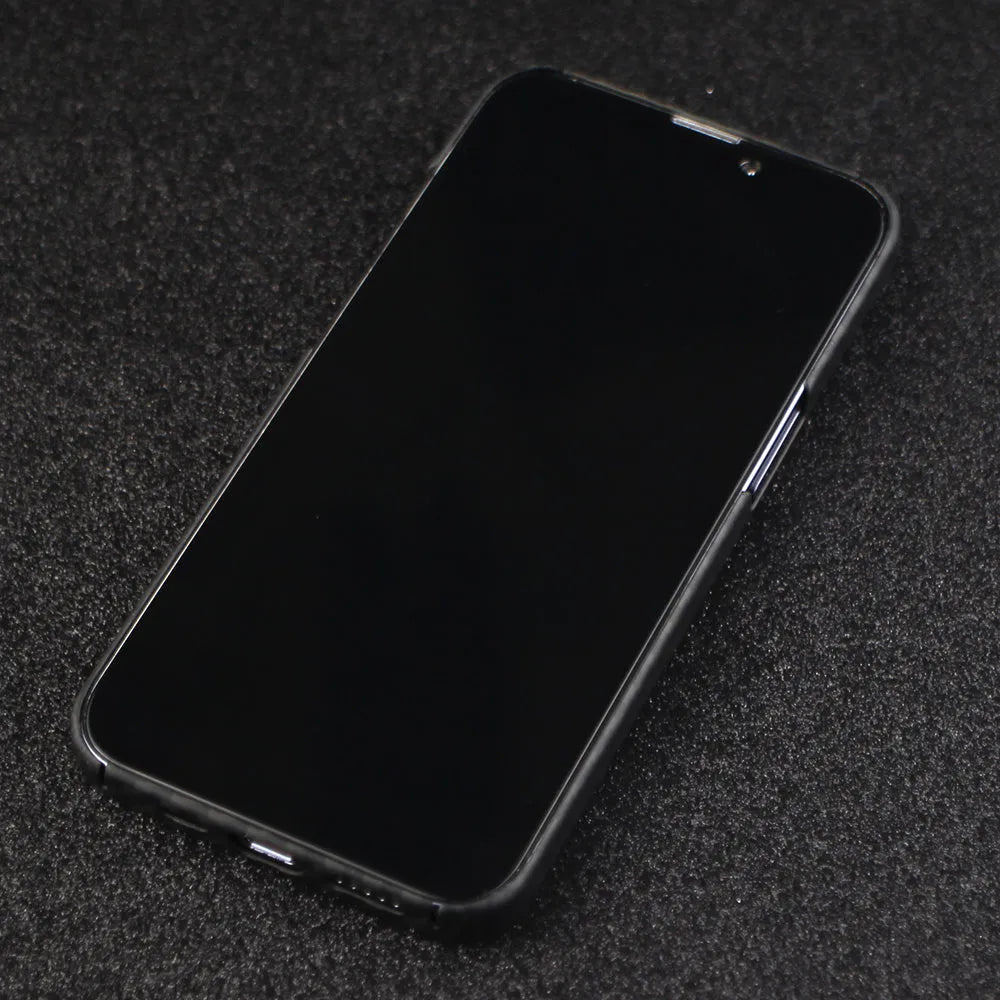 Matte black Kevlar fibre protective case for iPhone showing stripe detail and precise model fit