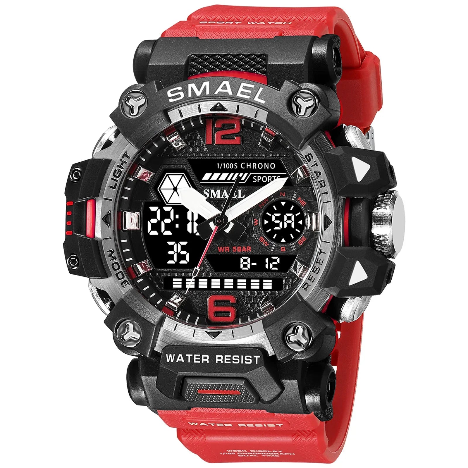 Men's sports watch with dual display, luminous hands, 50mm dial, PU strap, waterproof to 50m