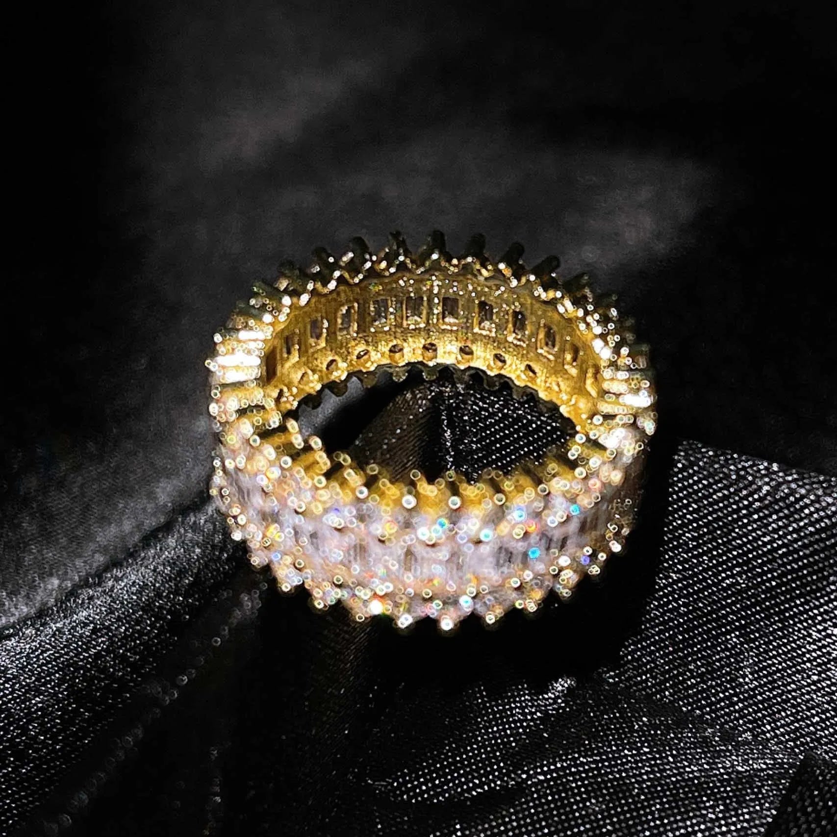 Geometric copper ring with zircon inlay in rose gold finish on neutral background