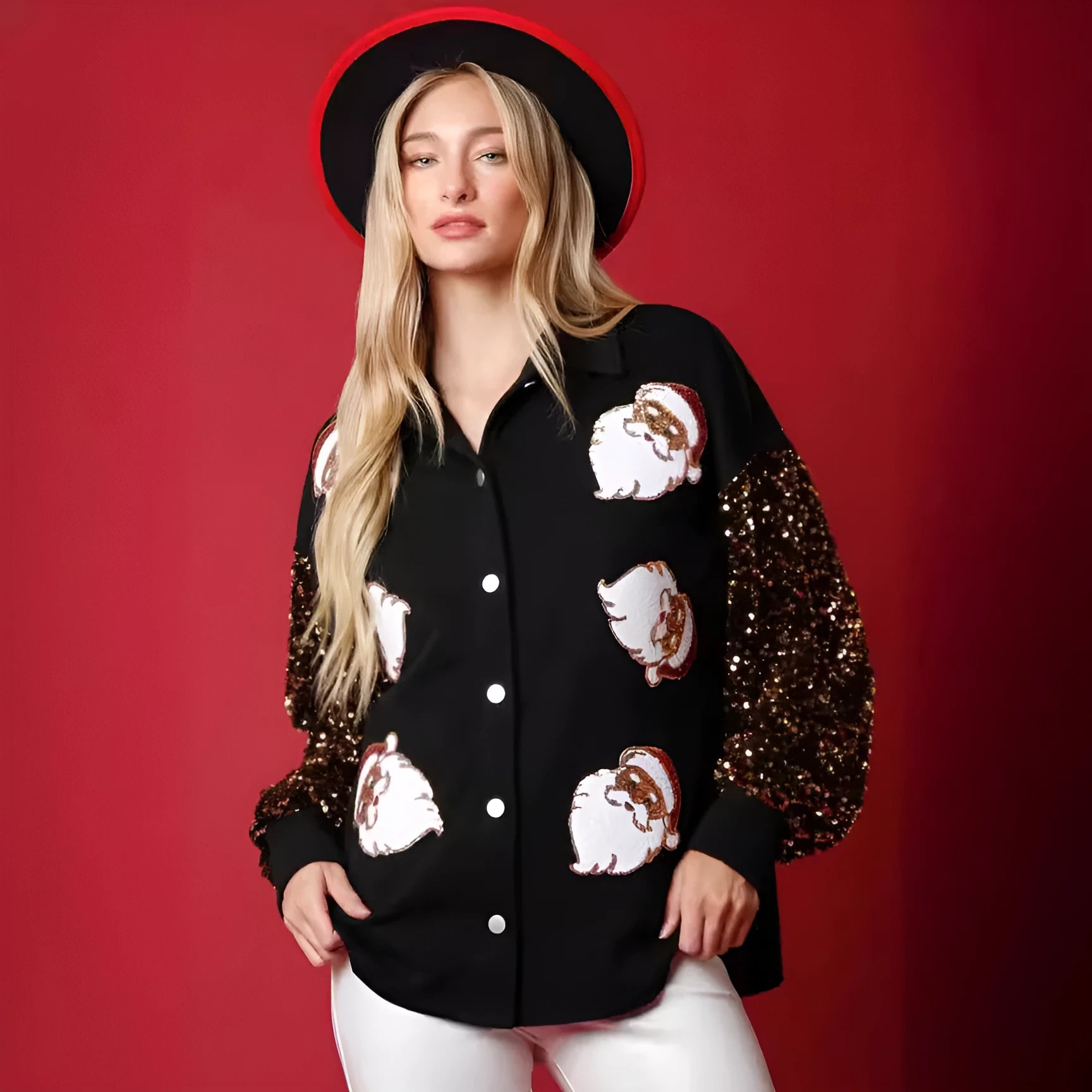 Women's black long-sleeved button fleece shirt with Santa Claus pattern and sequined sleeves on both sleeves