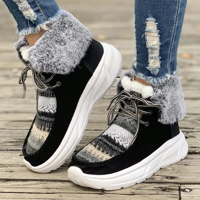 Women's lace-up snow boots with fuzzy lining and non-slip rubber soles in beige, black, and brown colours