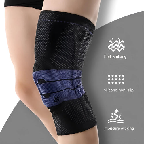 Adult basketball knee pads in nylon and spandex, sizes S M L XL, black and blue or grey and blue.