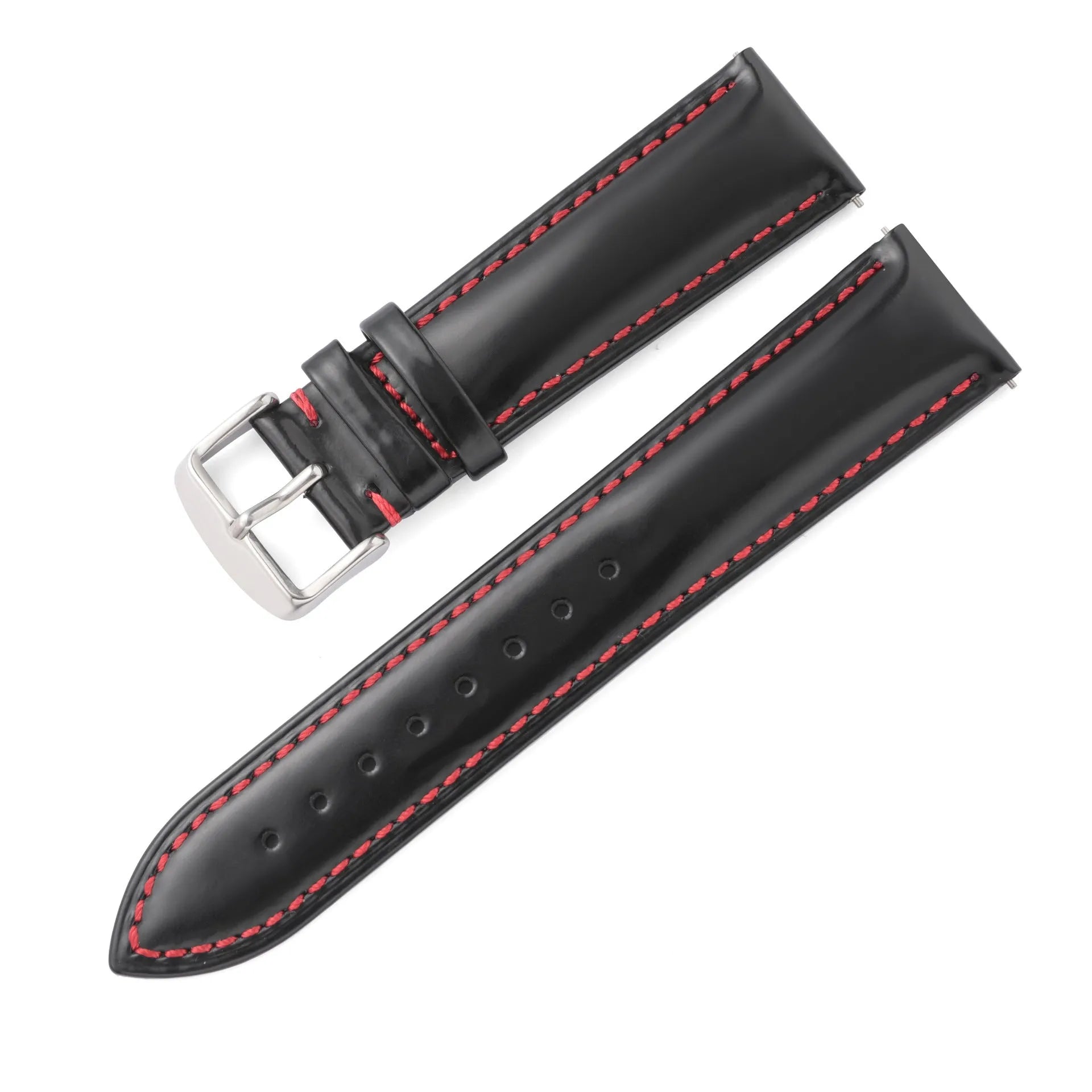 Quick release leather watch strap in bright cowhide, showing colour options and width sizes from 18mm to 22mm.