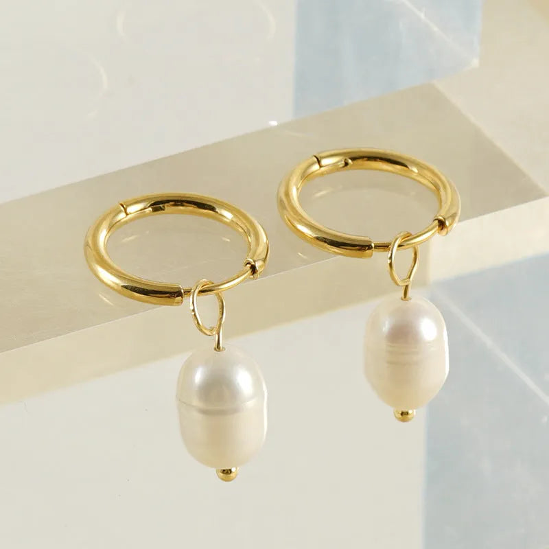 Geometric gold stainless steel earrings with pearl accents for women