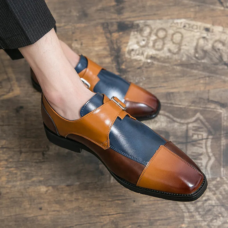 Men's brown blue and black retro buckle leather shoes with tall crown microfiber upper