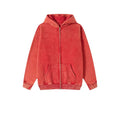 Men's washed cotton hooded cardigan with fleece lining and double zipper front.