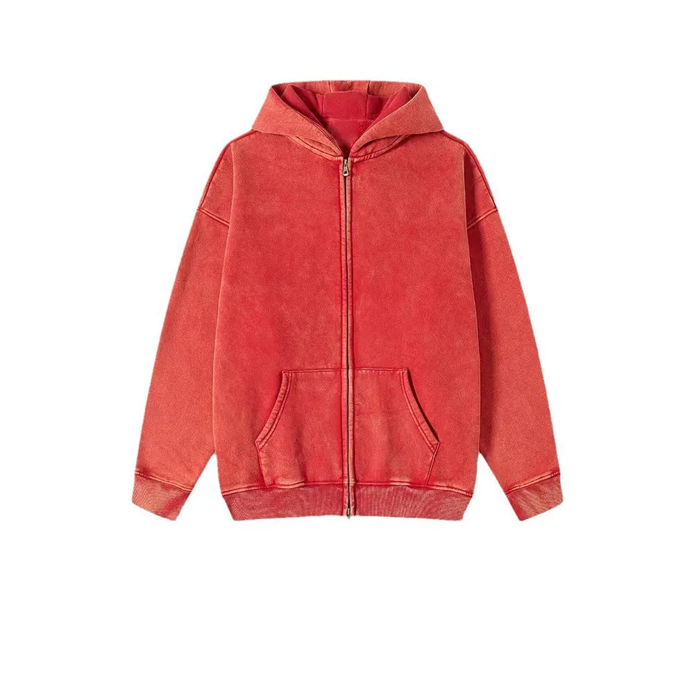 Men's washed cotton hooded cardigan with fleece lining and double zipper front.