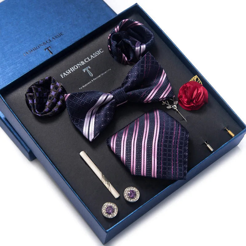 Men's 8-piece rayon jacquard bow tie set, heart shape arrow style, monochrome pattern, 146cm length