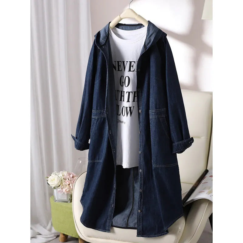 Long sleeve solid colour hooded denim top in Denim Blue with large front pocket