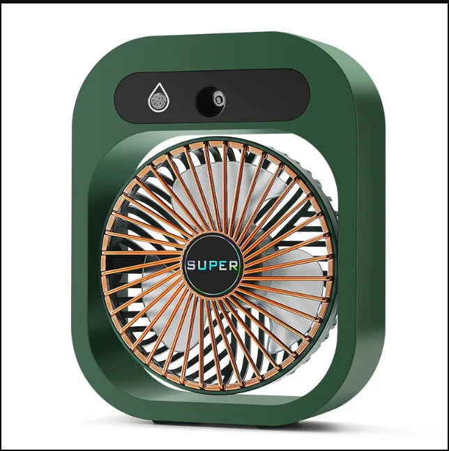 Green USB rechargeable misting fan with 3 speed settings and adjustable head on a desk