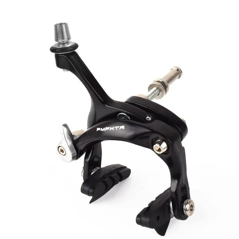 Black and silver metal bicycle brake clamps with dual-axis U-shaped design for road bike installation