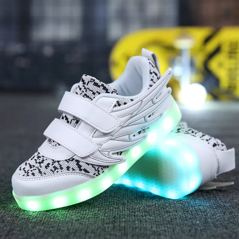 Children's plum red and white LED light-up sneakers with USB charging port