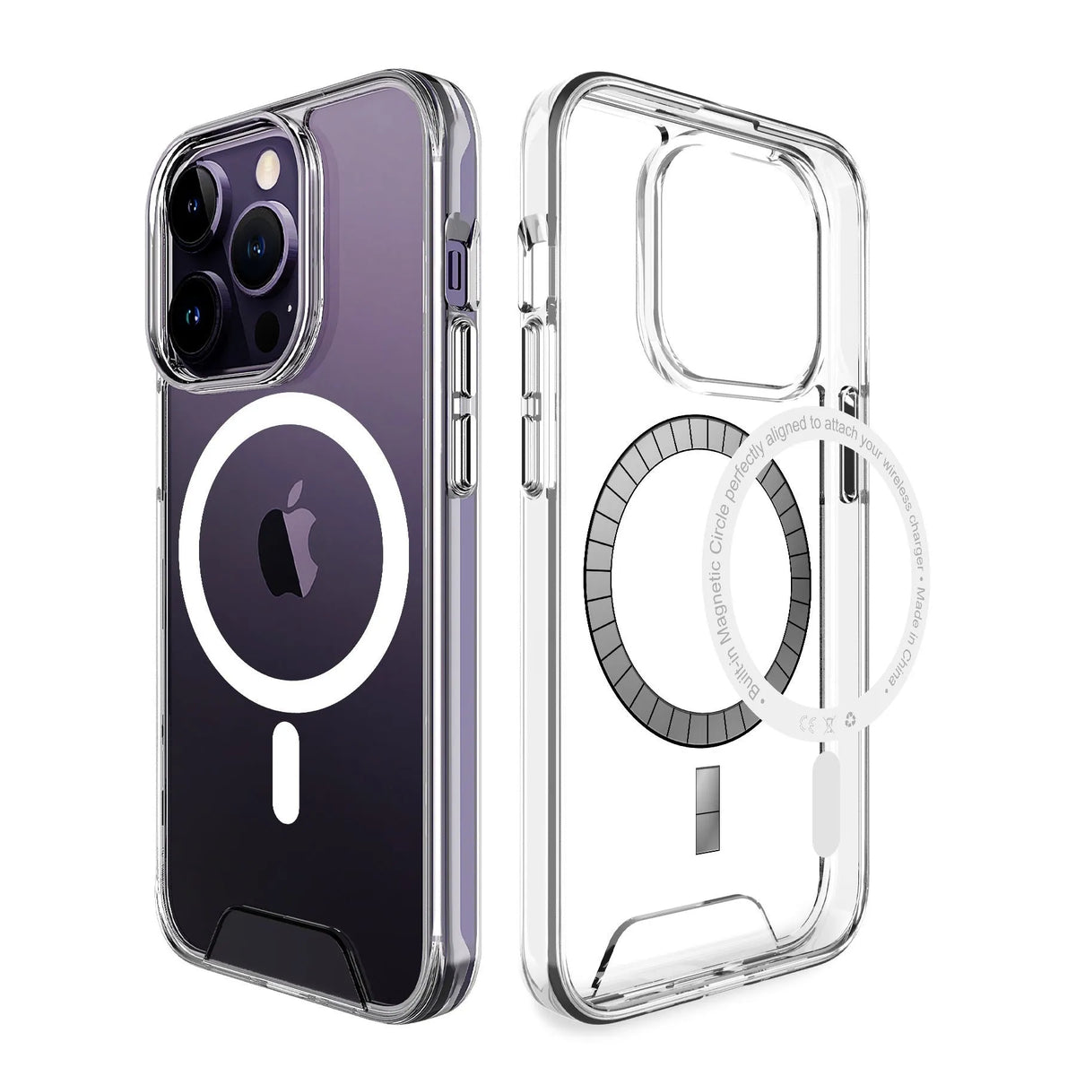 Transparent magnetic acrylic phone case for Apple iPhone, shockproof TPU bumper, anti-fingerprint back, electroplated magnetic ring