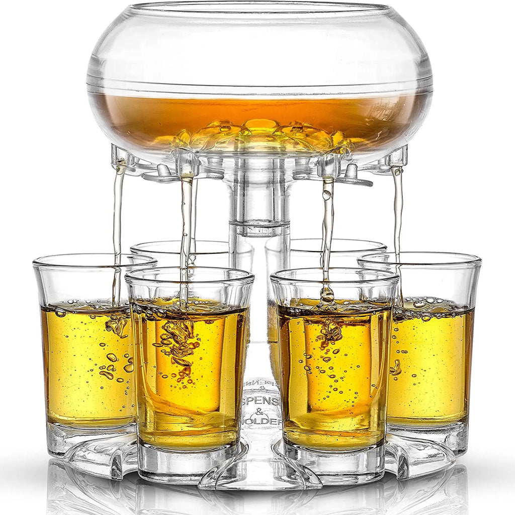 Clear PMMA 6-shot glass dispenser holder with rack and six cups on a table.