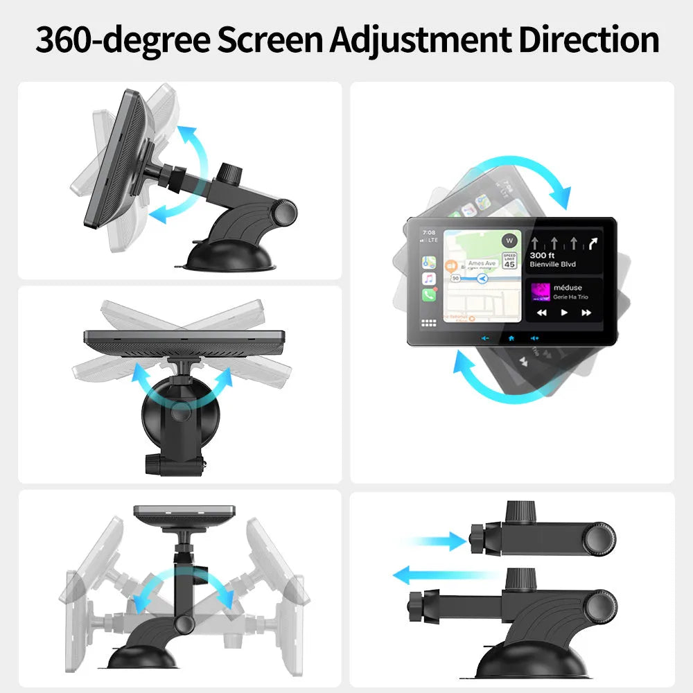 7 inch wireless CarPlay display for cars with a suction cup mount and 12V power cable.