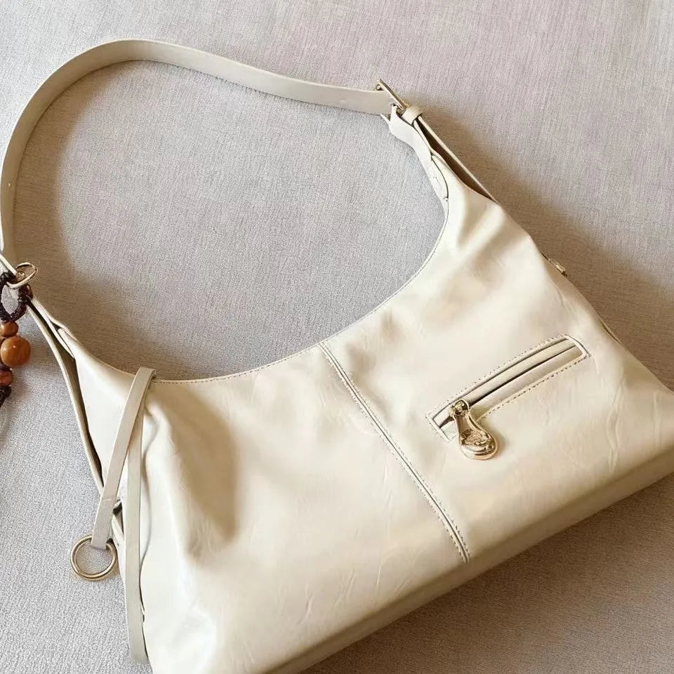 Women's large capacity PU tote bag in beige, horizontal square shape with single shoulder strap