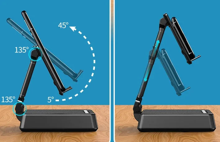 Black mobile phone smart broadcaster stand with Bluetooth speaker and HD mic on a desk