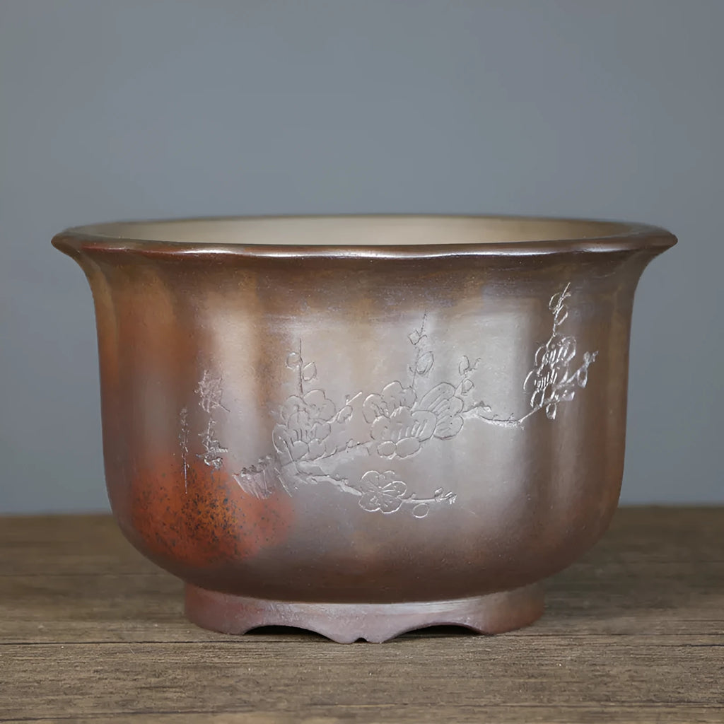 Antique carved purple sand ceramic flower pot with wood burning pattern for indoor plants