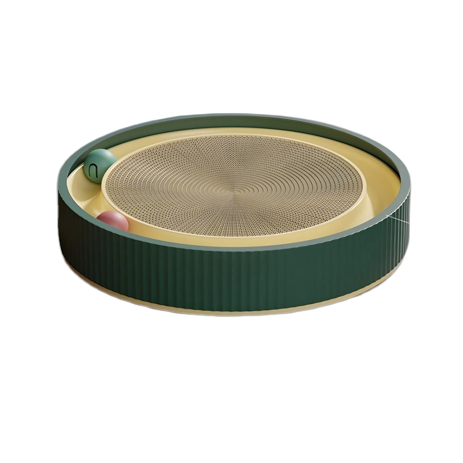 Large circular cat scratching board with integrated ball toys and refillable cardboard core