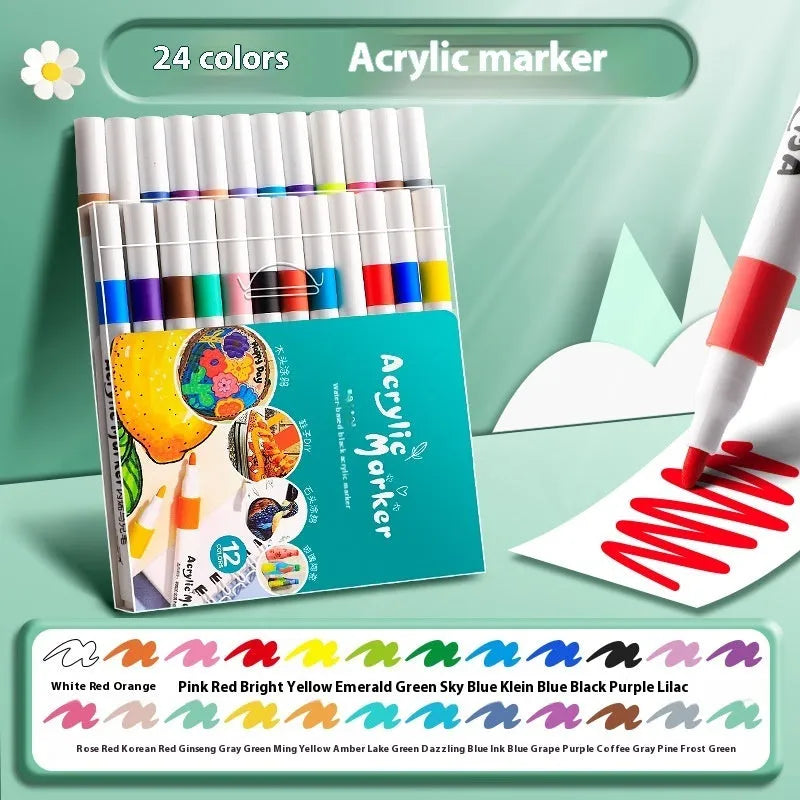 Set of multicolour acrylic marker pens for student art projects, available in boxes of 12 to 80 colours.