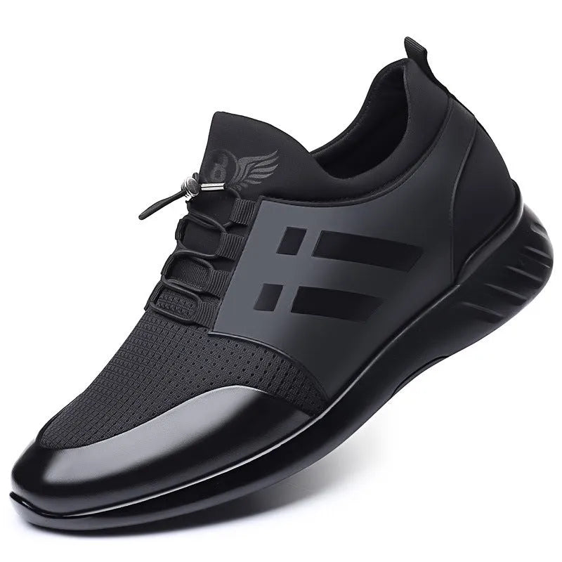 Men's black genuine leather height increase casual shoes with round toe and chunky heel.