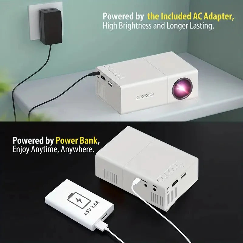 M100 mini LED projector in black showing a 100-inch projection on a screen, with remote control beside it
