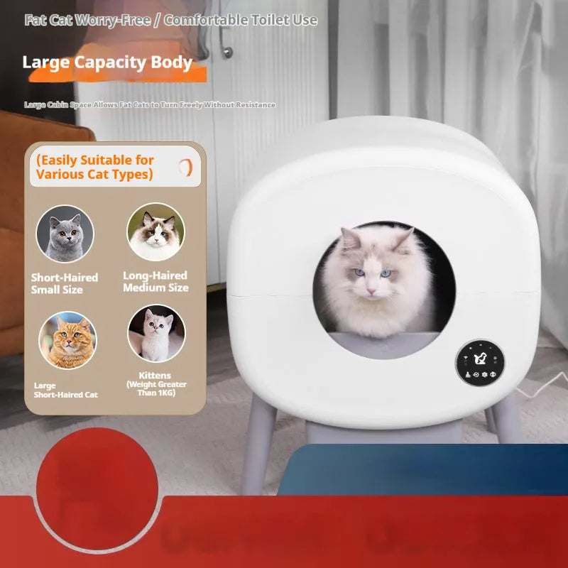White automatic self-cleaning cat litter box with a large interior and separate waste drawer.