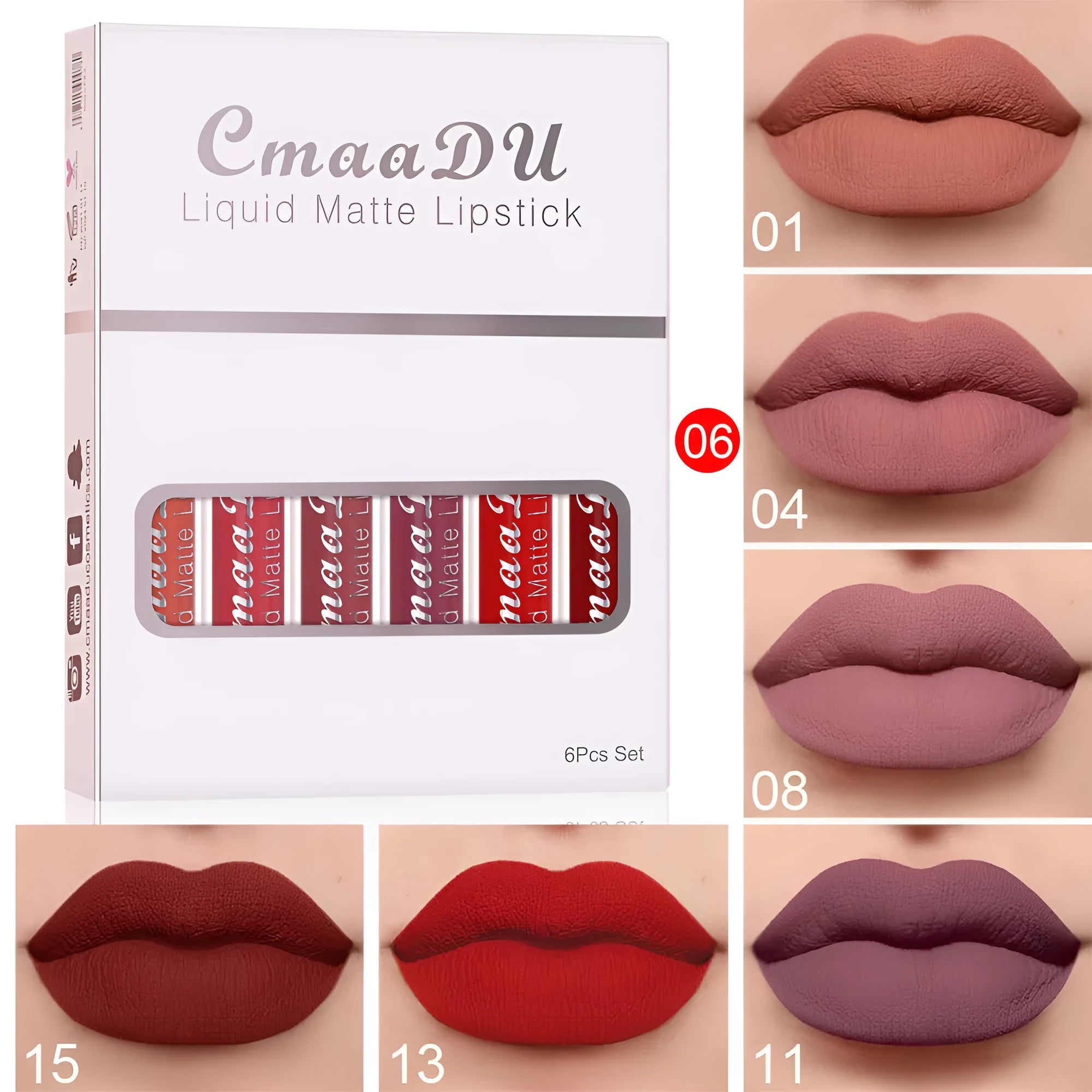 Box containing six tubes of matte finish, waterproof lip gloss in assorted styles.