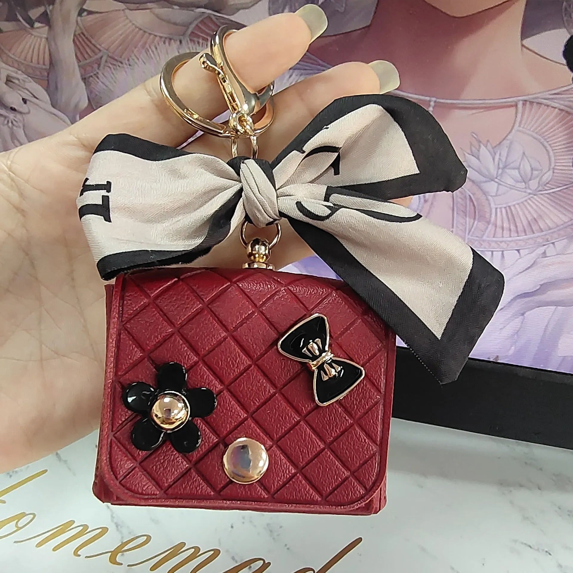 Korean Style Silk Scarf Earphone Bag for AirPods, Pink Faux Leather DIY Soft Shell Case
